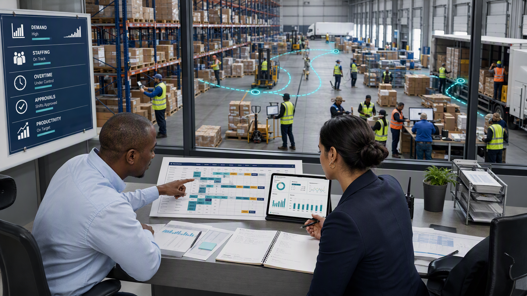 Managers reviewing warehouse demand, staffing, and productivity metrics on the floor