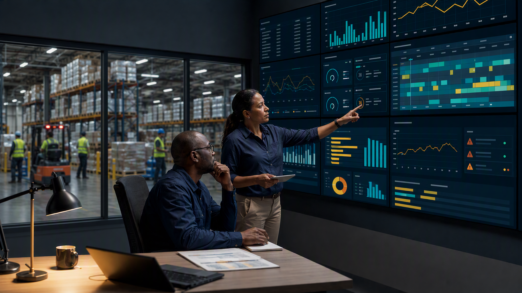 Operations team reviewing performance dashboards on a video wall